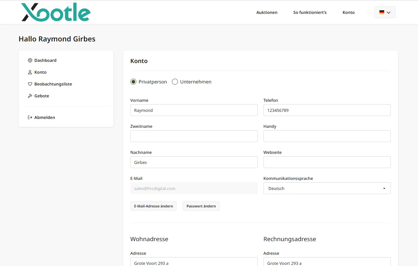 Client portal for the Xootle auction module
