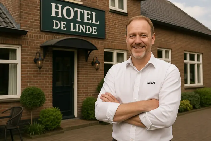 Hotelier Gert staat tevreden voor hotel De Linde