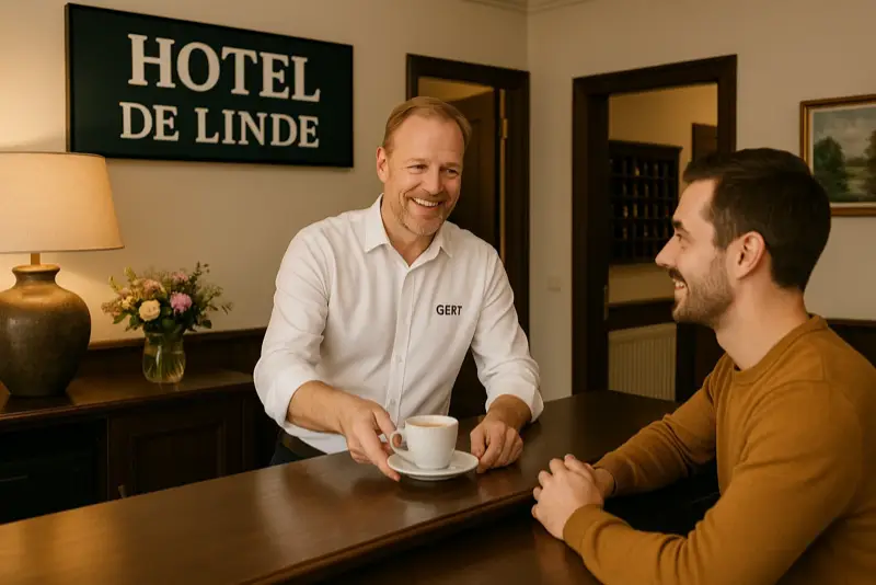 Hotelier Gert geeft een gast een kop koffie